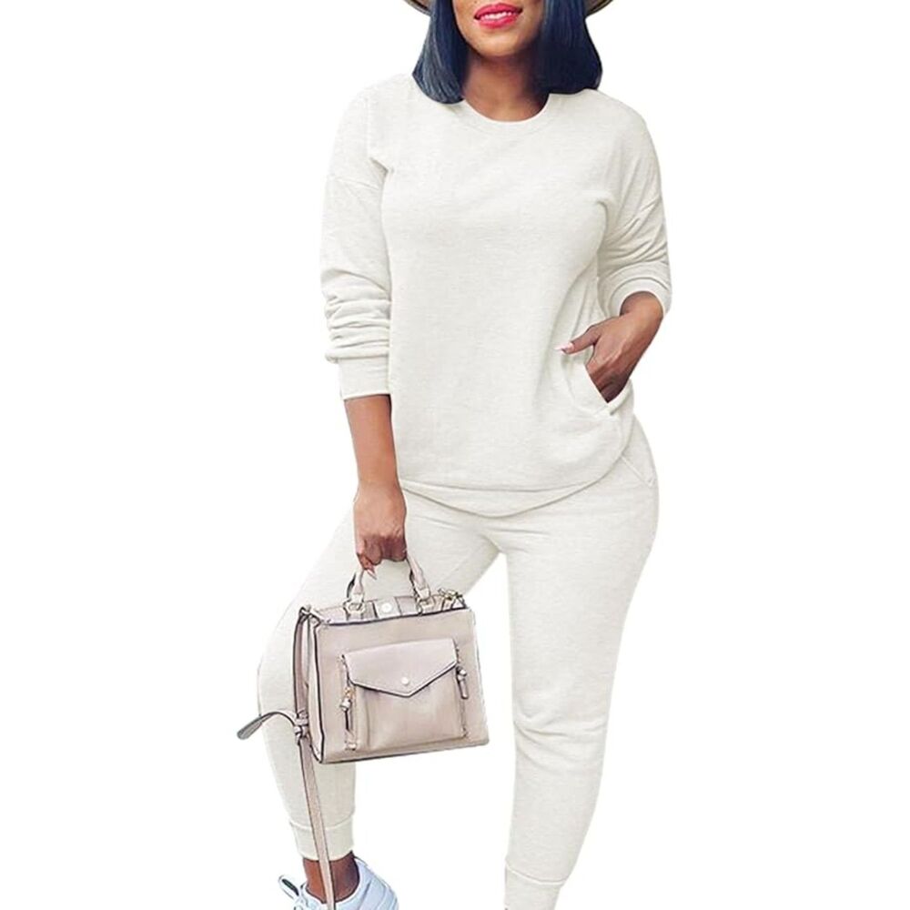 Long White Sleeve Crew Neck Tops + Drawstring 2 Piece Loungewear Sz M